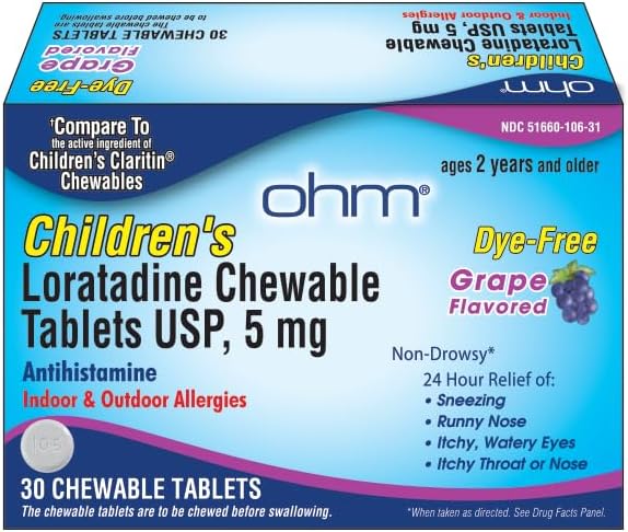 Ohm niños Loratadine Chewable Tablets, Dye Free, Grape, Non-Drowsy 24h Relief of Sneezing, Runny Nose, Itchy Watery Eyes,Throat o Nose, Antihistamine, Indoor &amp; Outdoor Alergies, 5mg, 60 Tablets