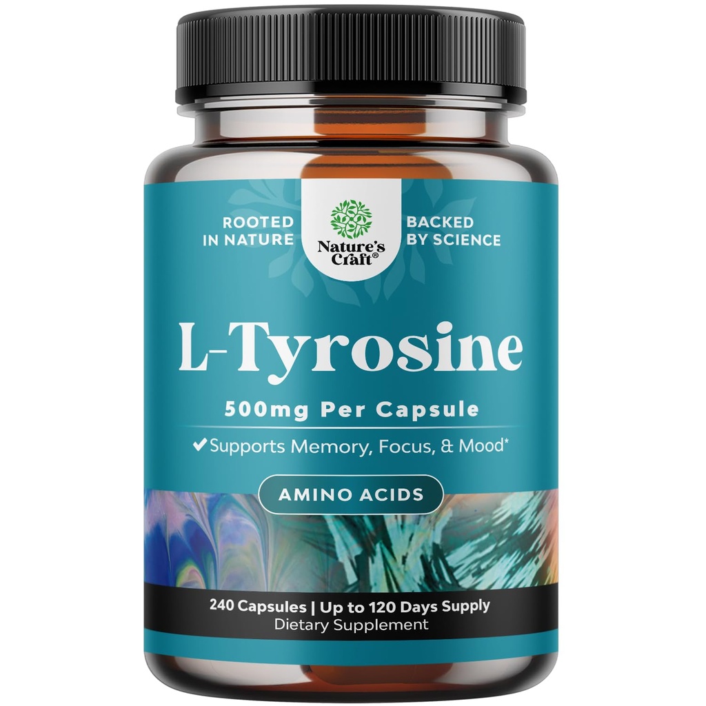 Formulario libre L Tyrosine 1000mg Por Serving - Suplemento de alta resistencia L-Tyrosina para la energía y el apoyo en foco - Suplemento Nootrópico de Aminoácidos para la atención focal y la cognición (240 Conteo)