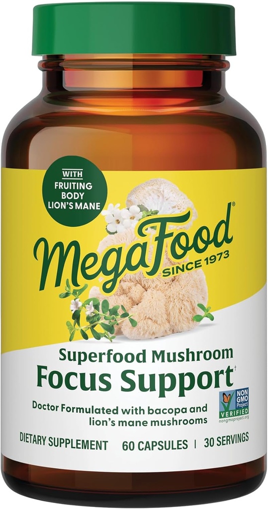 MegaFood Superfood Mushroom Focus Support - Doctor Formulado Lions Mane Supplement Capsules - Lions Mane Mushroom Supplement with Clinically Studied Bacopa - Vegan - 60 Capsules, 30 Servimientos