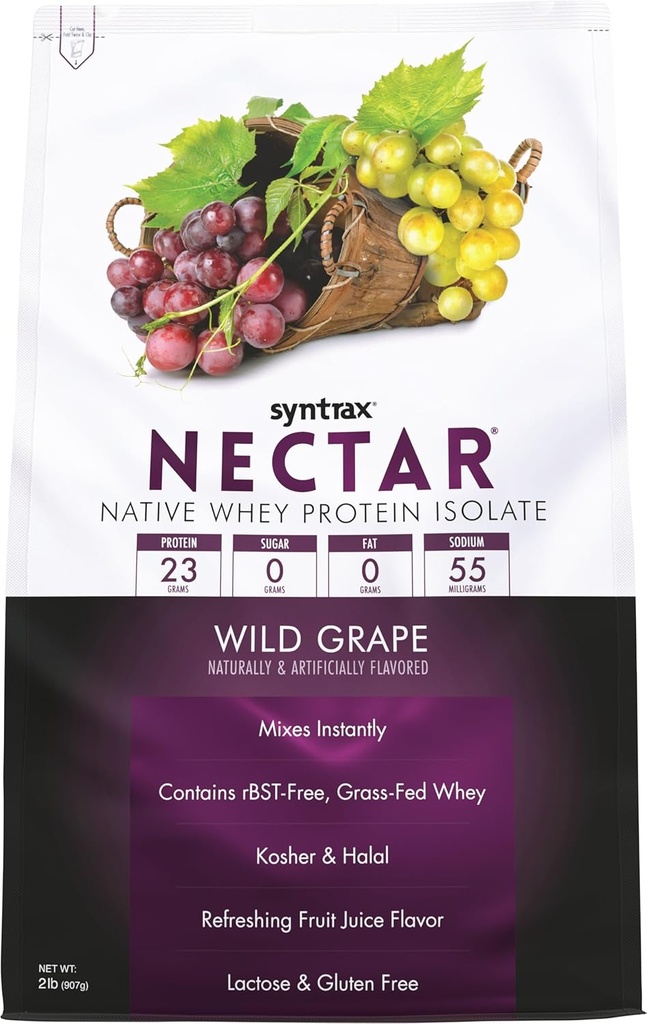 Sintrax Nutrition Nectar, 100% Whey Protein Isolate Powder, Refreshing Fruit Juice Flavor, Wild Grape, 2 libras.