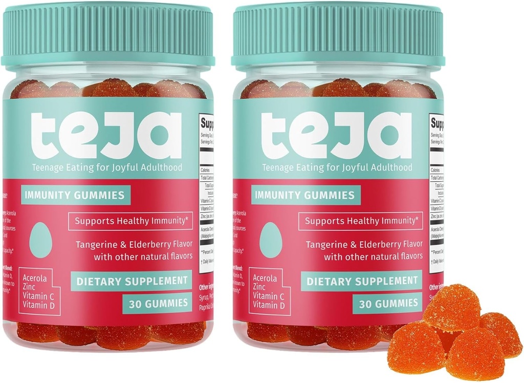 TEJA Immune Support Gummies for Adolescents with Vitamin D, VIT C, Zinc, and Acerola. Suplemento de bajo azúcar, Multivitamínico diario para edad 12-17 Adolescentes a adultos. 30 Gummies (2 Pack)
