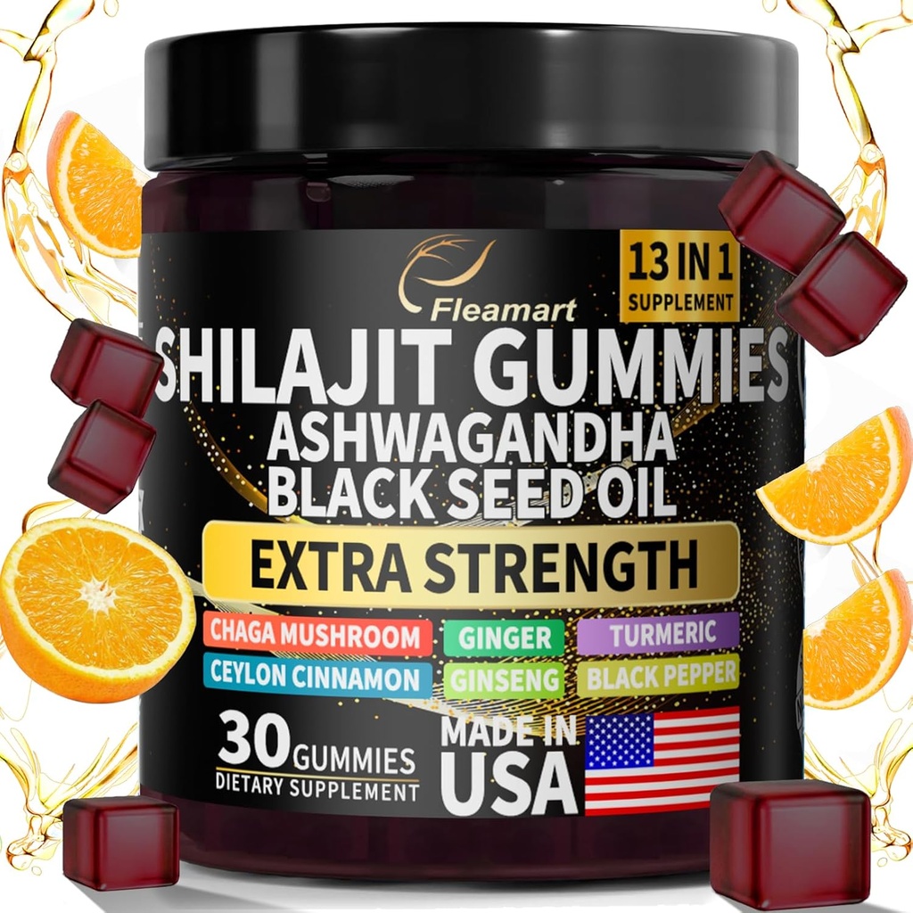 Shilajit Gummies, Shilajit Pure Himalayan Gummies with Ashwagandha, Black Seed Oil, Sugar Free Shilajit Gummies for Men &amp; Women, 30 Conde, Orange Flavor