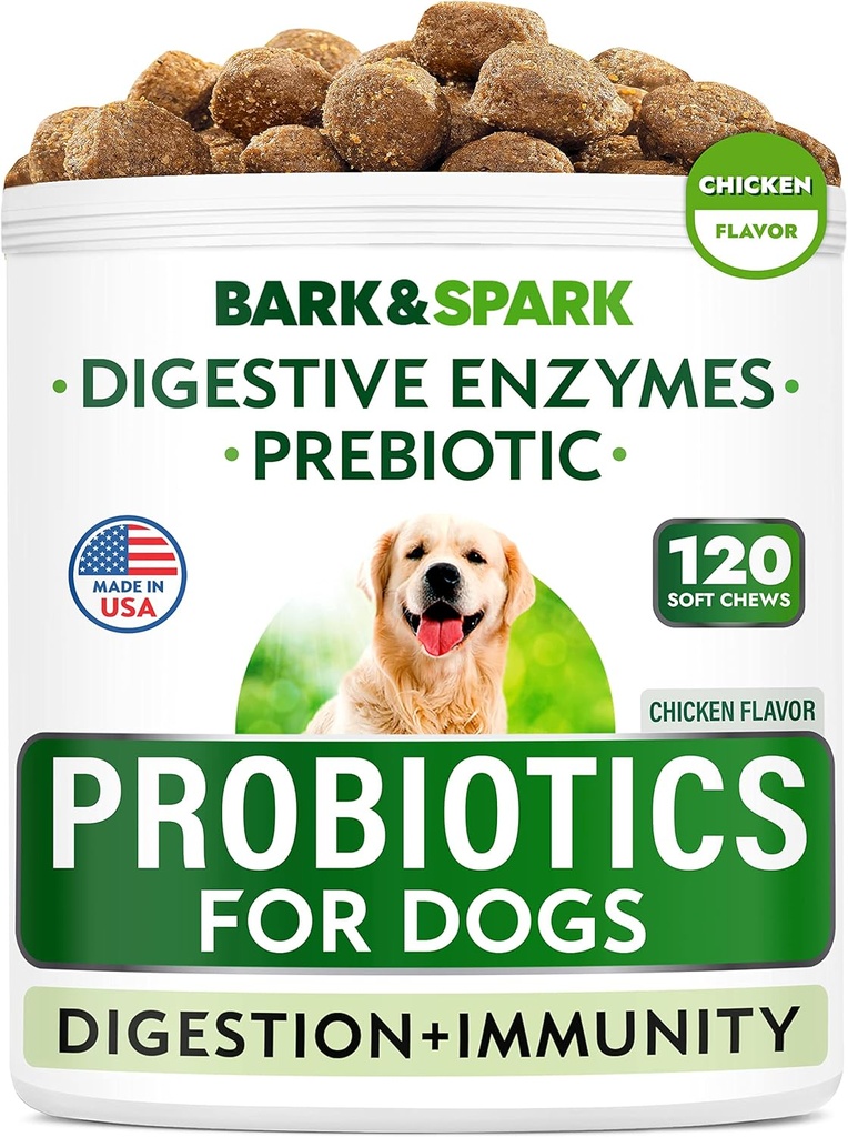 Píldoras probióticas para perros BARK CONSPARK - Gas, Diarrea, Alergias - Enzimas + Prebióticos - Fibra Chewable - Digestión, Inmunidad - USA Made - 90 Ct - BeefLiver