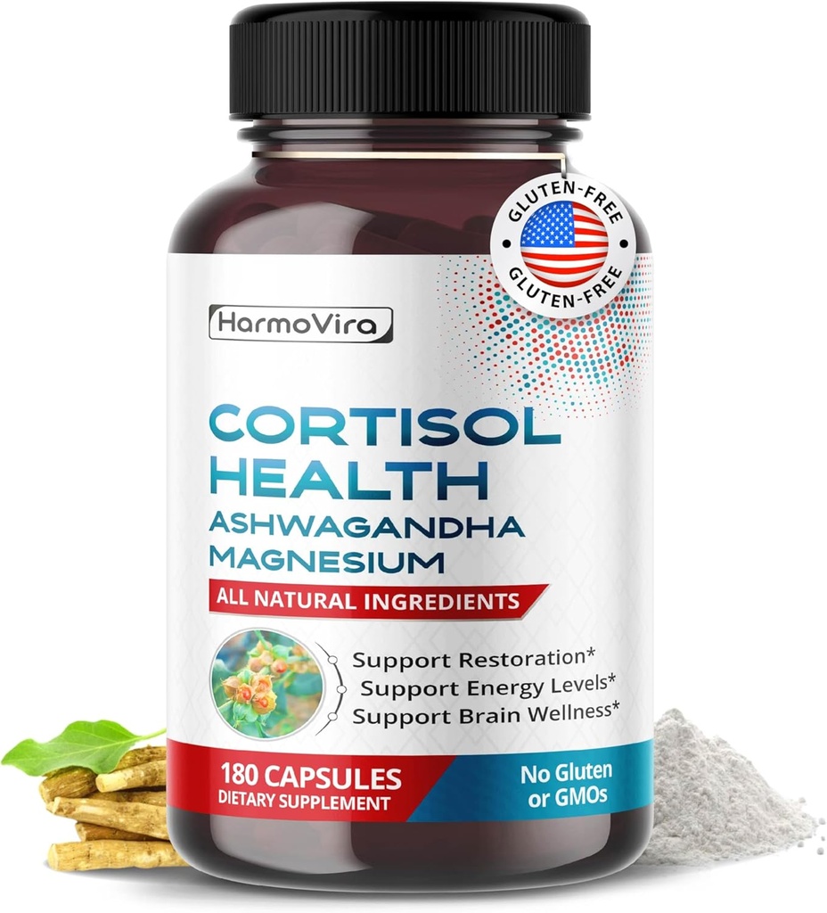 CORTISOL Health - Ashwagandha Magnesium Rhodiola St. John's Wort - Apoyo Restauración, Niveles de Energía, Cerebro Wellness Suministro de 180 días - Made in The USA