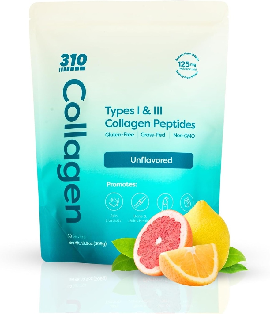310 Nutrición Péptidos de colágeno hidrolizado Polvo para hombres de mujeres - Suplemento de colágeno de grano w / ácido hialurónico, Resveratrol, Vitamina C,D &amp; E para piel, cabello y uñas - 30 SRV Desflavorado