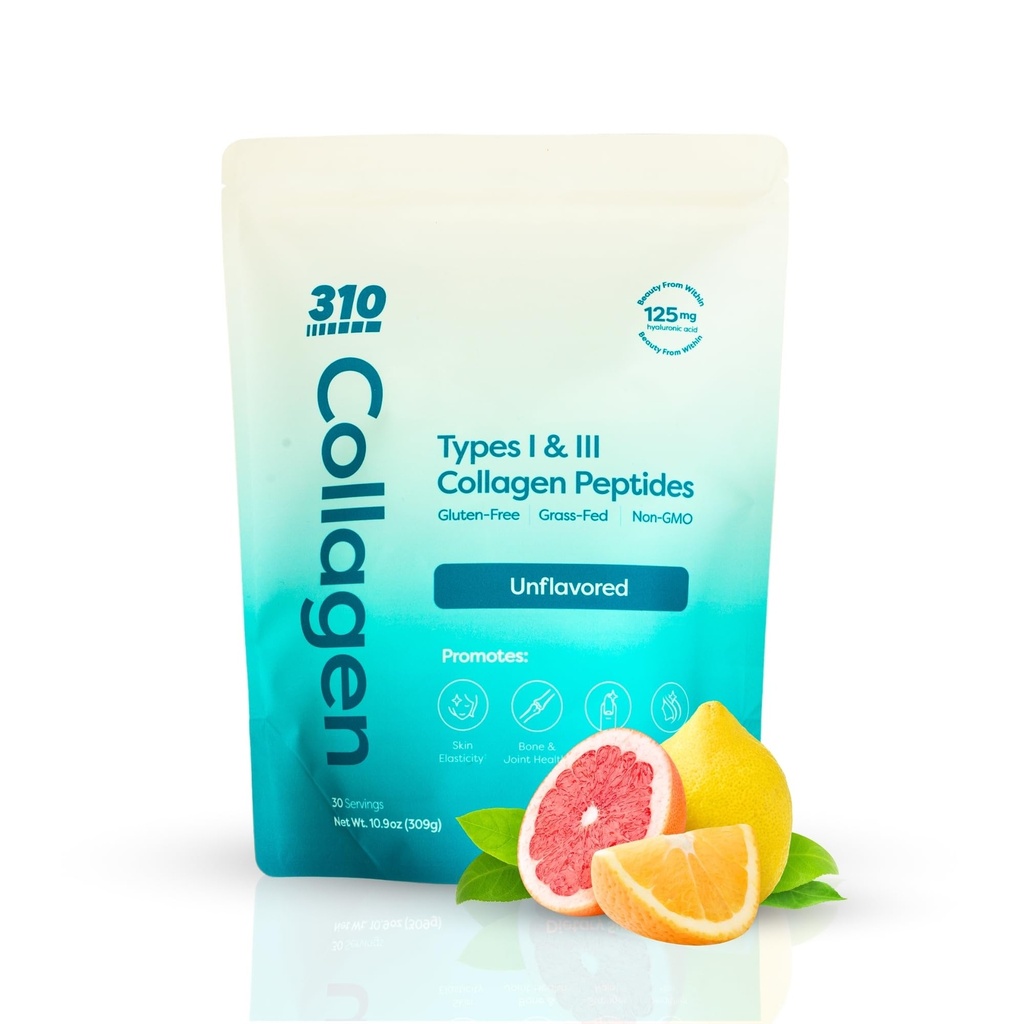 310 Nutrition Hydrolyzed Collagen Peptides Powder for Women & Men - Grass-Fed Collagen Supplement w/Hyaluronic Acid, Resveratrol, Vitamin C,D & E for Skin, Hair and Nails - 30 SRV Unflavored
