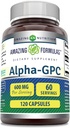 Amazing Fórmulas Alpha GPC Suplemento Silencio 600 Mg Por Serving Silencio 120 Capsules  No GMO Silencio Gluten Free ← Made in USA