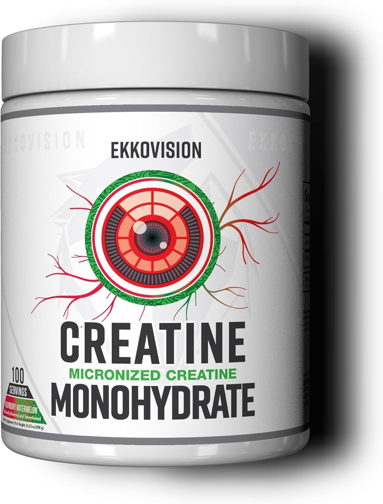 Ekkovision Creatine Monohydrate Powder, Micronized, Raspberry Watermelon, Pre &amp; Post Workout Suplemento para Hombres y Mujeres, Energy Support, Easy to Mix in Shakes, Smoothies & Beverages, 100 Servings
