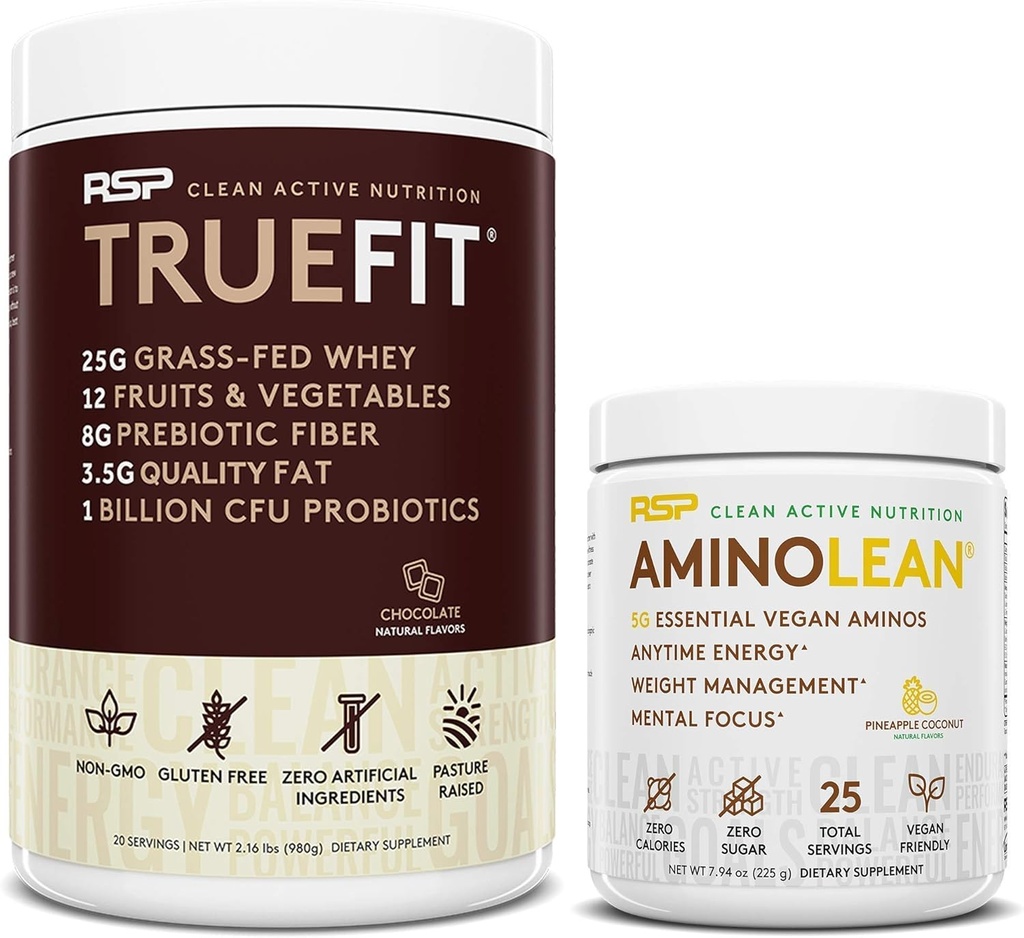 RSP NUTRITION Vegan AminoLean Pre Workout Energy (Pineapple Coconut 25 Servings) con TrueFit Protein Powder (Chocolate 2 LB)