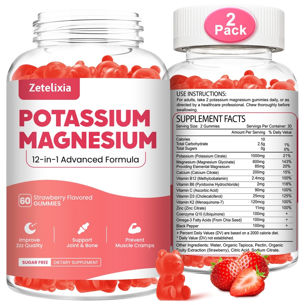2 Pack Potasio Magnesio Suplemento Gummies para Adultos Niños, Magnesio Glycinate &amp; Potassium Citrate, Plus Multivitamin, Omega-3 " Black Pepper, Leg Cramps, Muscle " Heart Health, 120 Cuentas