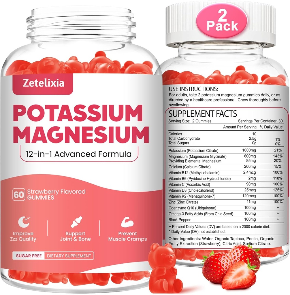 2 Pack Potasio Magnesio Suplemento Gummies para Adultos Niños, Magnesio Glycinate &amp; Potassium Citrate, Plus Multivitamin, Omega-3 " Black Pepper, Leg Cramps, Muscle " Heart Health, 120 Cuentas