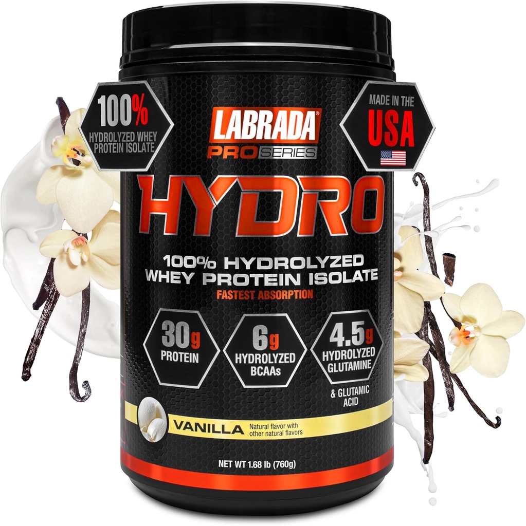 LABRADA Hydro 100% Pure Hydrolyzed Whey Protein Isolate Powder, Lactose Free, 6g BCAA’s, 4.5g Glutamine, Fastest Digesting Whey Available, Instant Mixing, Delicious Taste 20 Servings (Vanilla)