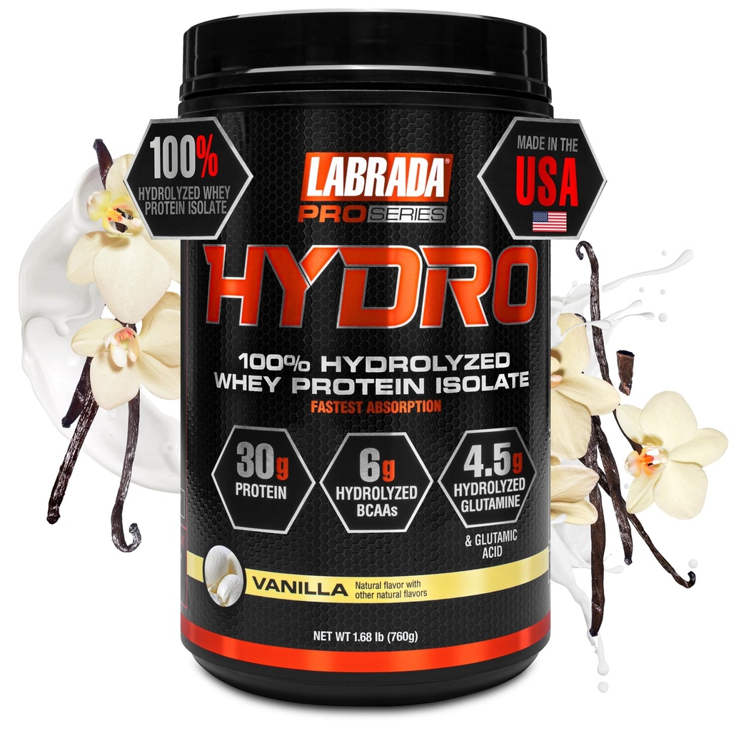LABRADA Hydro 100% Pure Hydrolyzed Whey Protein Isolate Powder, Lactose Free, 6g BCAA’s, 4.5g Glutamine, Fastest Digesting Whey Disponible, Mezcla instantánea, Delicious Taste 20 Servings (Vanilla)