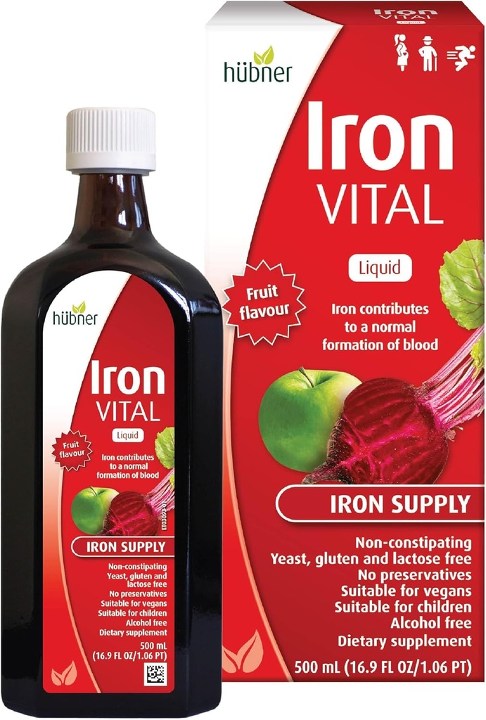 Hübner Hubner Iron Vital Liquid Iron Supply Plus Vitamina C, Suplemento dietético para adultos y niños, Vegan y Gluten-Free, Fruit Flavor, 500 ml Bottle, 50 Servings