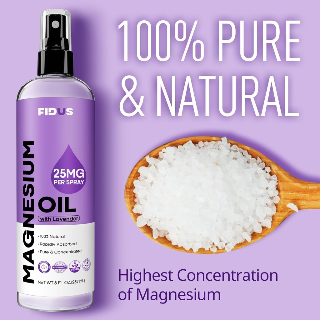 Fidus 100% Puro Magnesium Oil Spray con Lavender - Big 8 fl oz Topical Magnesium Chloride for feet, Organic Natural Magnesium Spray from Ancient Zechstein Seven Seabed Minerals