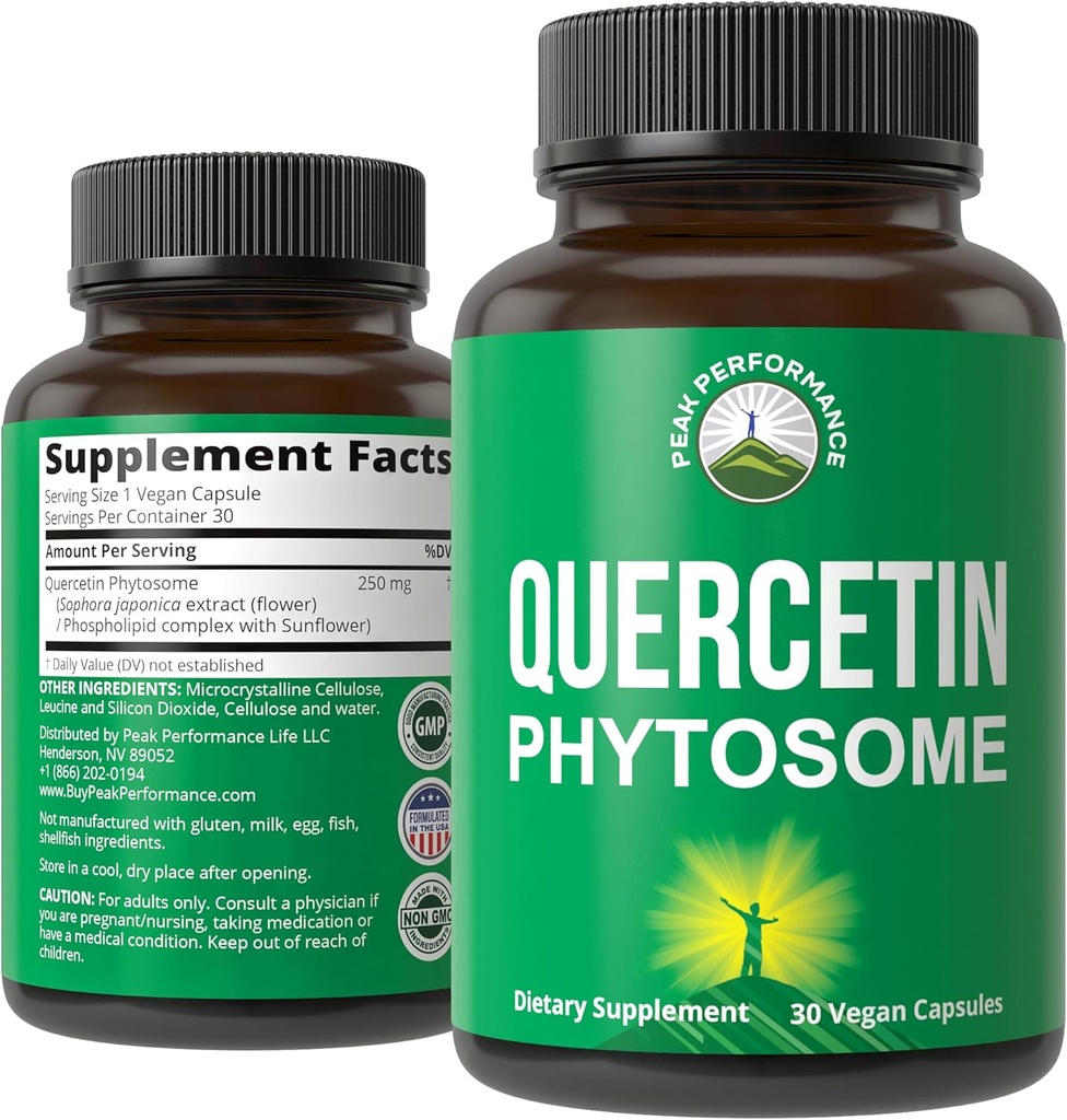 Peak Performance Ultra Pura Quercetina Phytosome Vegan Capsules - Rich Sophora Japonica Extract for Max Absorption Now. Quercetin 250mg Suplemento cápsulas. Made in USA