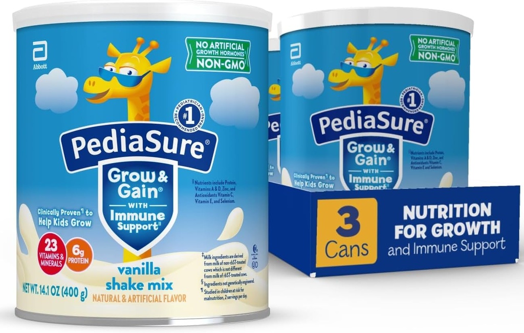 PediaSure Grow &amp; Gain with Immune Support Shake Mix Powder, 23 Vitaminas & Minerals, 6g Protein, Non-GMO, Gluten-Free, Vanilla, 14.1 oz Can, Pack de 3-24 porciones