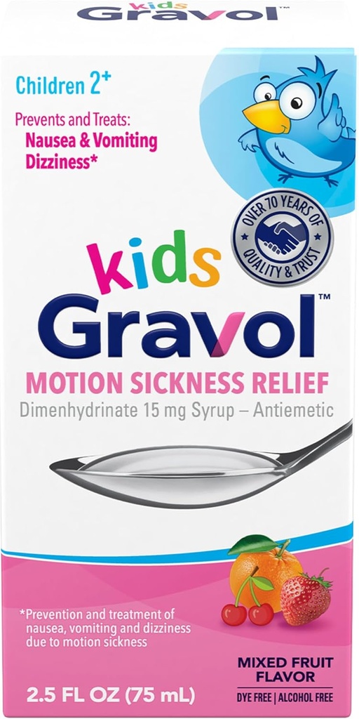 Gravol Kids Liquid for Motion Sickness Relief and Nausea Prevention, 2.5 fl oz (75 ml)