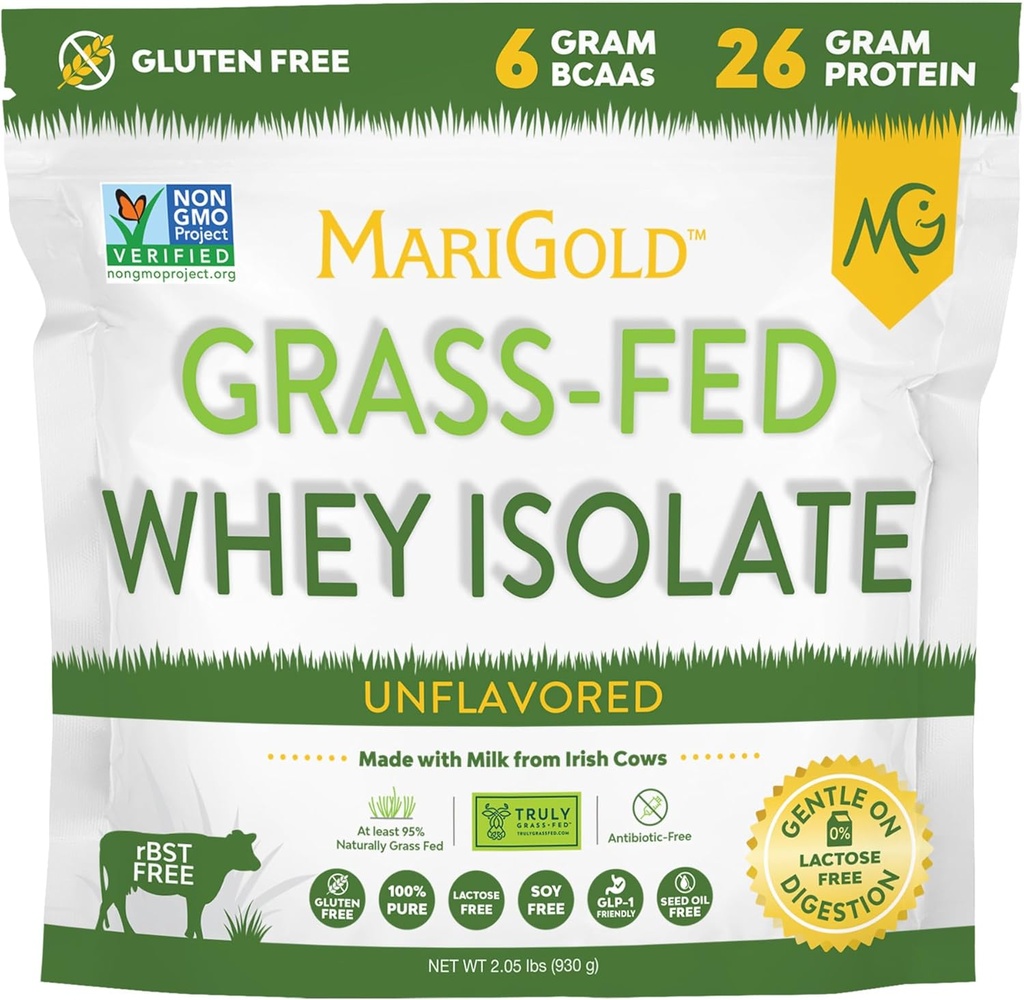 MariGold Grassfed Whey Isolate Protein Powder - Unflavored 2LB - Muscle Building &amp; Recovery - 100% Puro, Cold Procesado, Micro Filtros, No GMO, RBGH Gratis, Soy Gratis, Gluten Free, Lactose Free