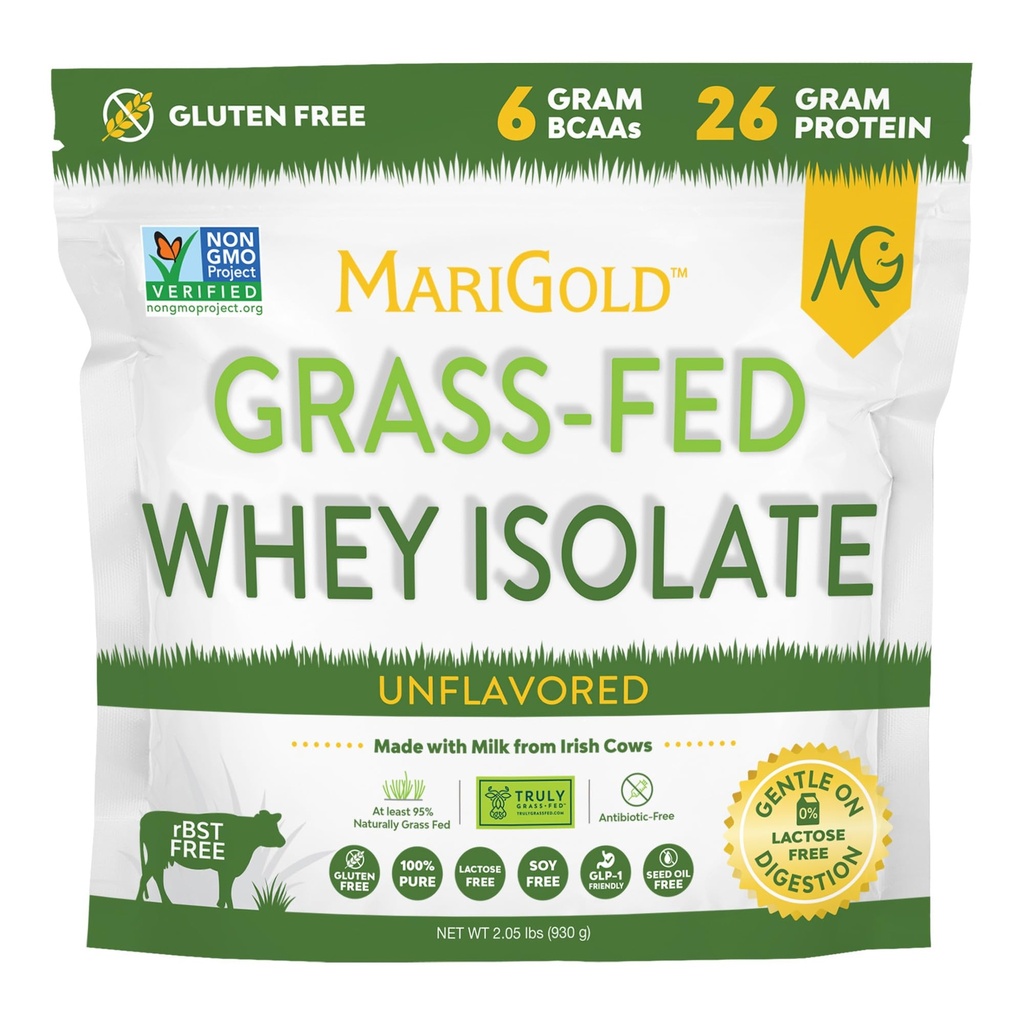 MariGold Grassfed Whey Isolate Protein Powder - Unflavored 2LB - Muscle Building &amp; Recovery - 100% Puro, Cold Procesado, Micro Filtros, No GMO, RBGH Gratis, Soy Gratis, Gluten Free, Lactose Free