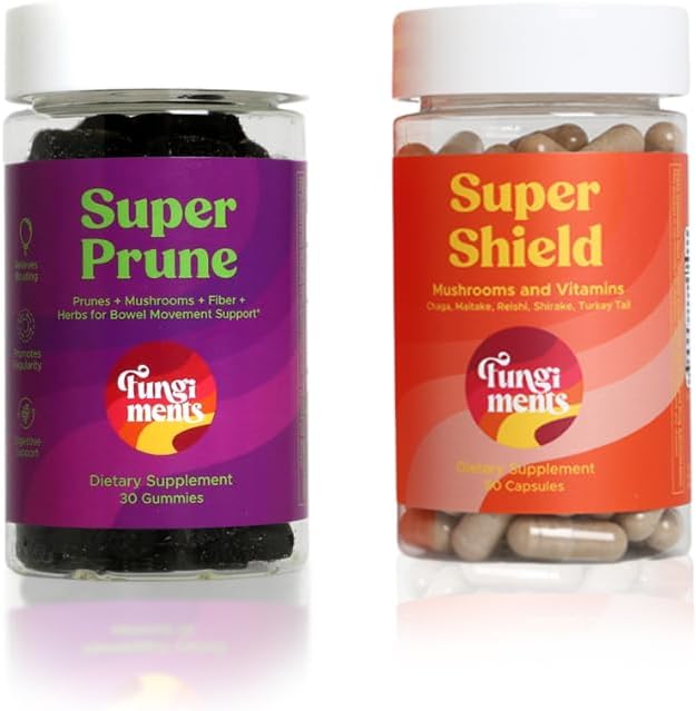 Fungiments Mushroom Supplements, Digestion/Immunity Bundle, Super Prune 30 Count Gummies + Super Shield 60 Count Capsules