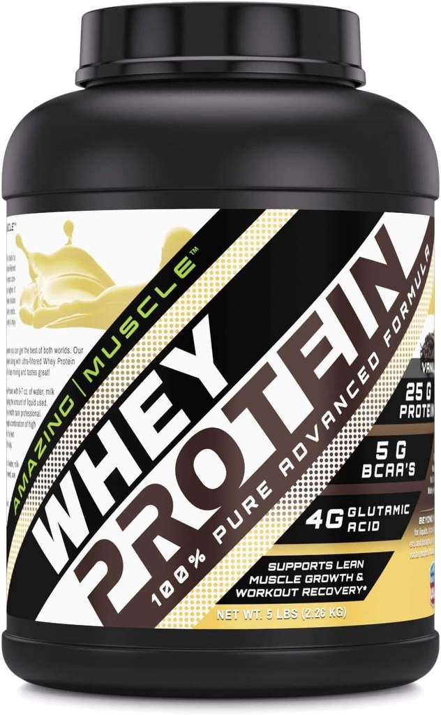Amazing Muscle Whey Protein Isolate & Concentrate Powder ← Vanilla Flavor  25 G Protein per Serving ← 70 Servings ← Non-GMO TEN Gluten-Free TEN Made in USA