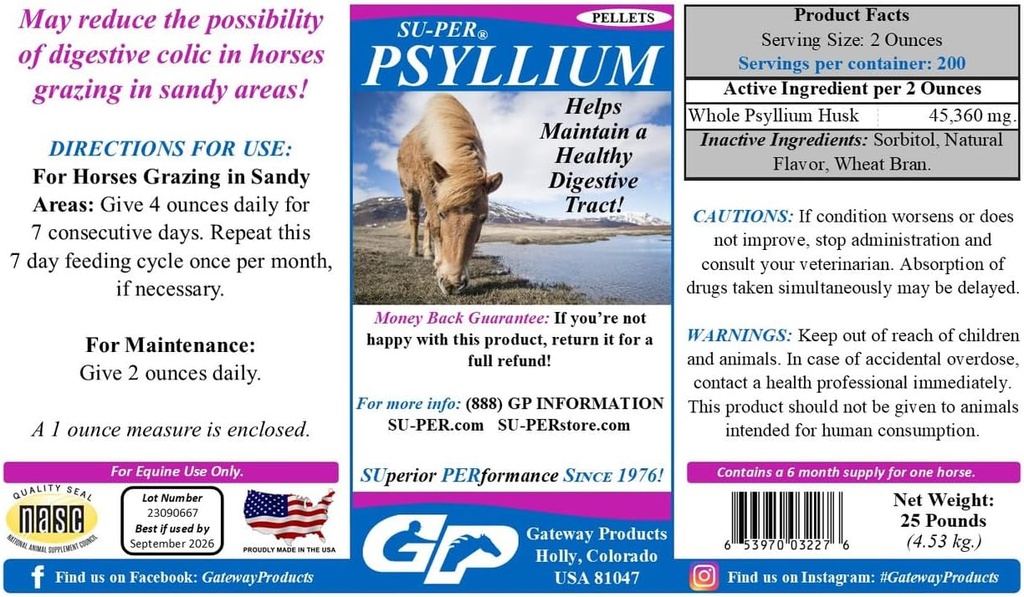 SU-PER Psyllium Pellets Equine Supplement - Maintains Healthy Digestive Tract in Horses - Supports Removal of Sand & Dirt from Intestinal Tract - 25 Pound, 6 Month Supply