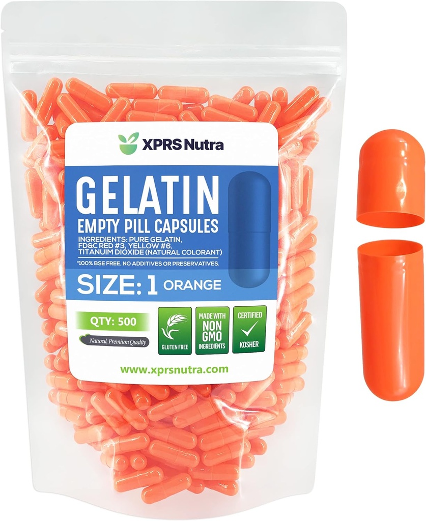 XPRS Nutra Size 1 Empty Capsules - 500 Count Empty Gelatin Capsules - Pill DIY Capsule Filling - Pure Bovine Pill Gel Caps for Do-It-youself Supplements (Orange)