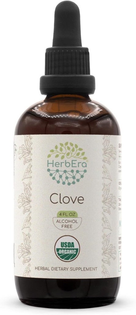 HerbEra Clove B120 USDA Organic Tincture ← Alcohol-Free Extract, High-Potency Herbal Drops ← Certified Organic Clove (Syzygium Aromaticum) Dried Flower Buds (4 fl oz)