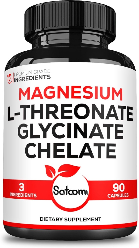 Satoomi 3in1 1200 mg Magnesium L-Threonate Suplemento con Magnesium Glycinate &amp; Magnesium Chelate - 90 cápsulas
