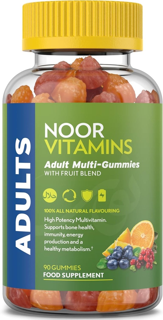 Noor Vitaminas Halal Adulto Multivitamina Gummy con Cepillo de Frutas Ecológicas para Hombres y Mujeres; No GMO, Gluten Gratis, Gelatina Vitaminas Halales Libres - 90 Cuenta