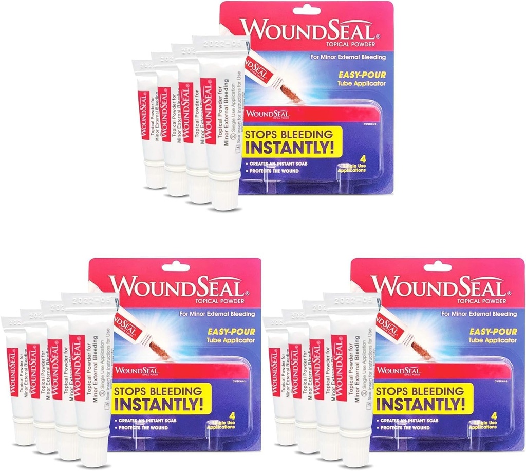 WoundSeal Powder 4 Cada uno (Pack of 3) - Cuidado de heridas Primeros auxilios para cortes, esclavas y abrasiones - deja de sangrar en segundos sin manchas o bandages - seguro y eficaz para personas de todas las edades y mascotas