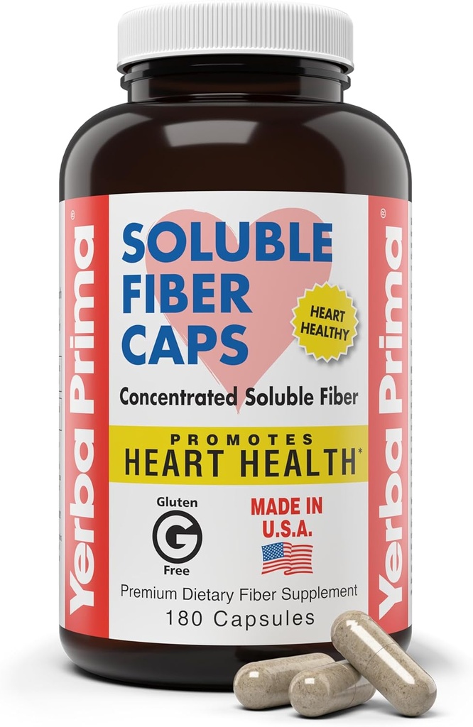 Yerba Prima Soluble Fiber Fórmula Capsules, 180 Conde - Premium Dietary Fiber Supplement, Natural, Concentrated Soluble Fiber, Gluten Free, Non-GMO, Made in USA