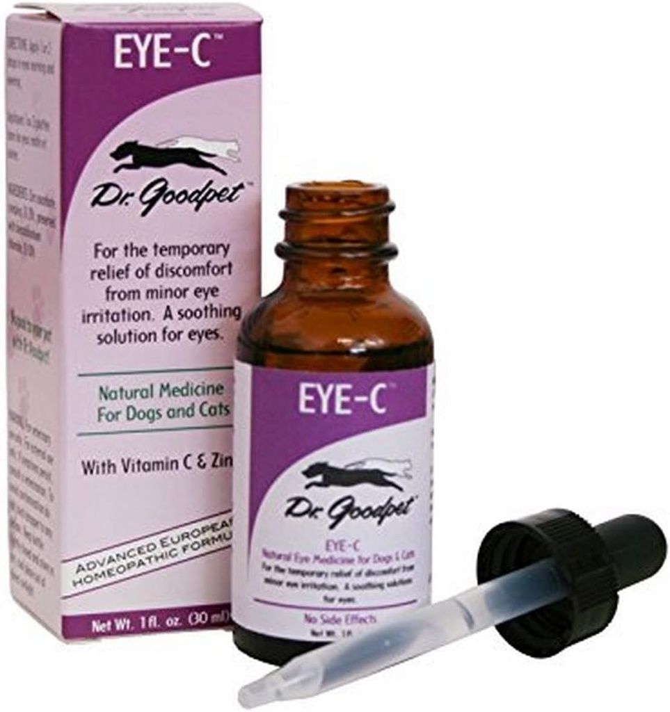 Dr. Goodpet Eye-C All-Natural Eye Drops for Dogs, Cats, Horses, Small Animals ← Human Quality Zinc &amp; Vitamin C ← Superior to Eye Wash ← Soothes, Moisturizes and Helps Irritation ← Made in The USA