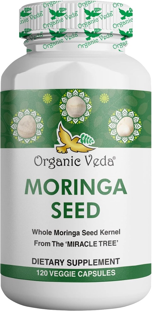 Orgánica Veda Moringa Semillas - 100% Pura Moringa Orgánica Oleifera Polvo de semillas " Moringa Oil Omega 3 " 6, El Árbol Milagro Antioxidantes, Vitaminas - Energía " Foco para Hombres " , 120 ct
