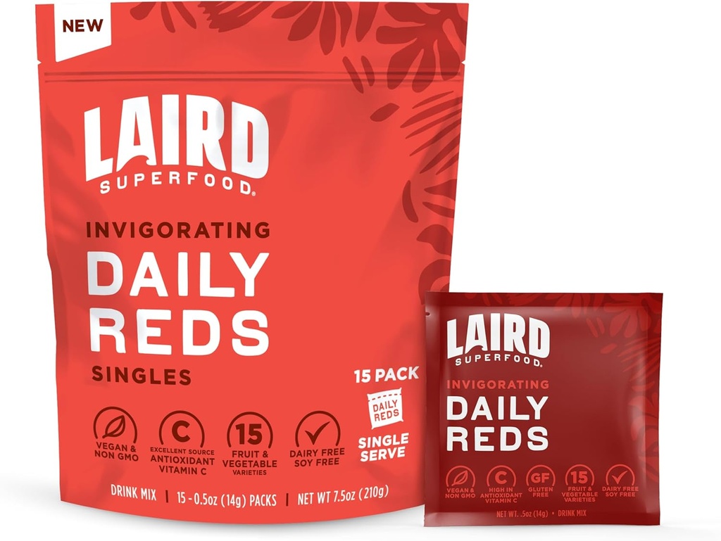 Laird Superfood Antioxident Daily Reds Polvo, Free Radical Fighting Blend, Vitamina C, Manganese, 2 Servings of Fruits and Vegetables Por Serving, 15 Pack