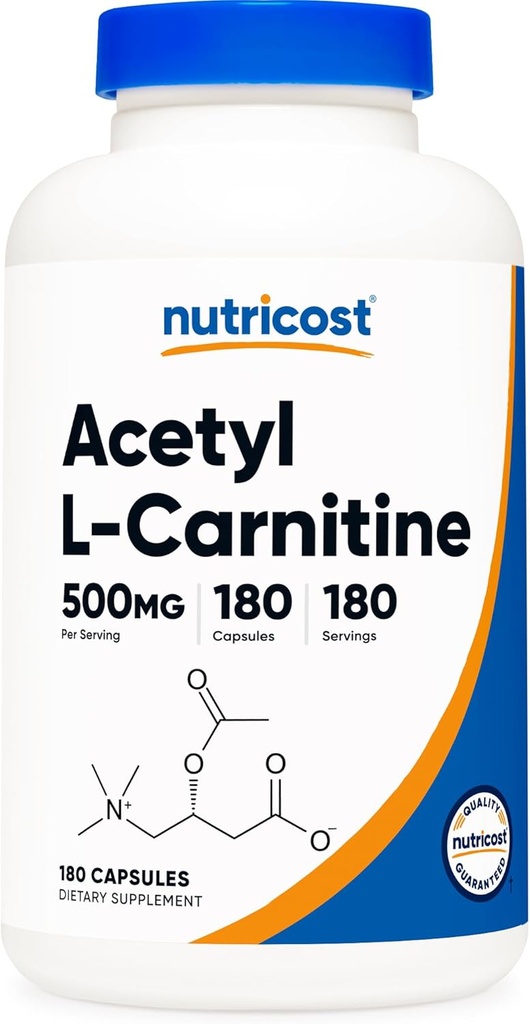 Nutricost Acetyl L-Carnitine (ALCAR) 500mg, 180 Capsules, 180 Servings - No GMO y Gluten Free, 1 Cápsula por Serving