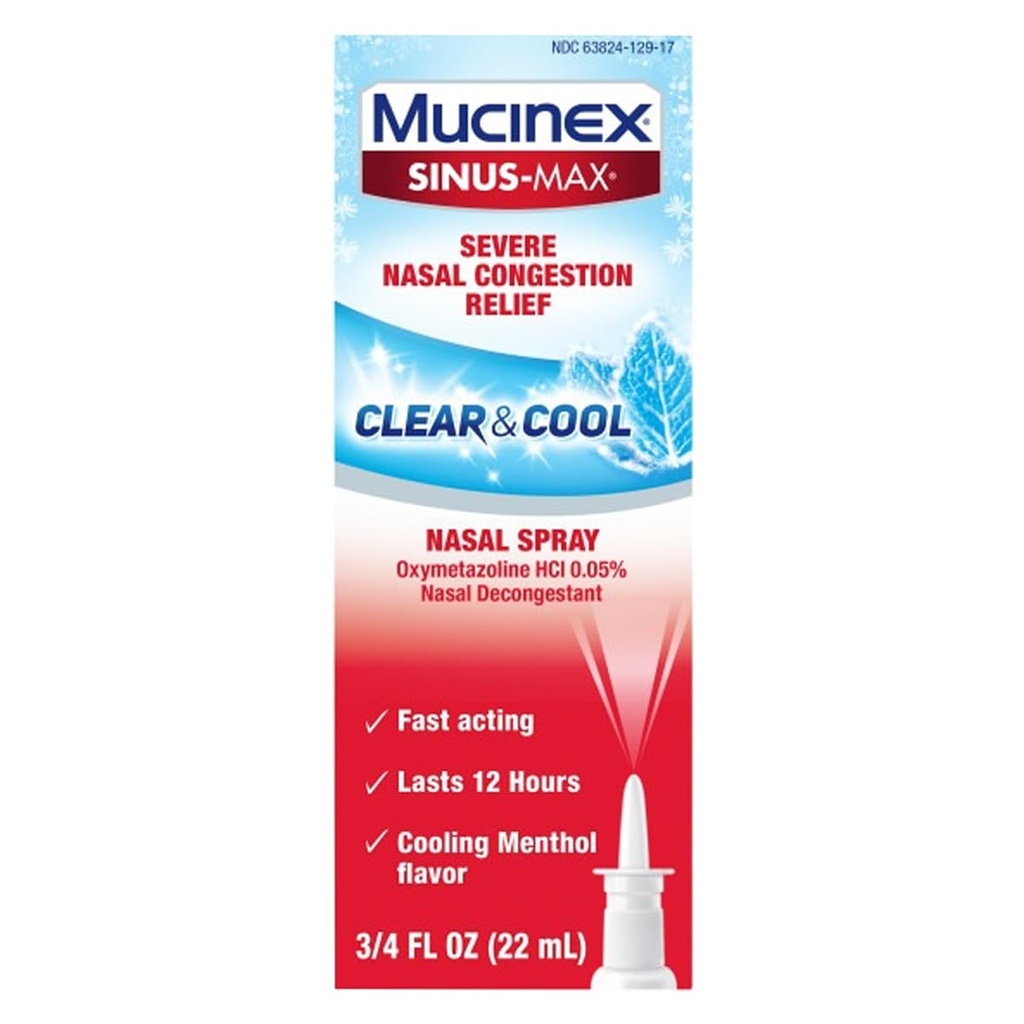 Mucinex Sinus-Max Nasal Spray Decongestant, 12 horas Over-The-Counter Medication Nose Spray for Sinus Relief, Nasal Decongestants for Adults " Sinus Congestion, Cooling Menthol, 0.75 Fl Oz