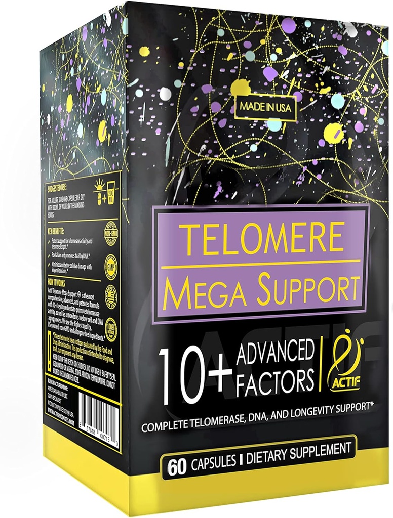 ACTIF Telomere Mega Support con 10+ Factores, Non-GMO, Telomerase y DNA Supplement for Energy, Memory and Anti-Aging, Made in USA, 60 Cuenta