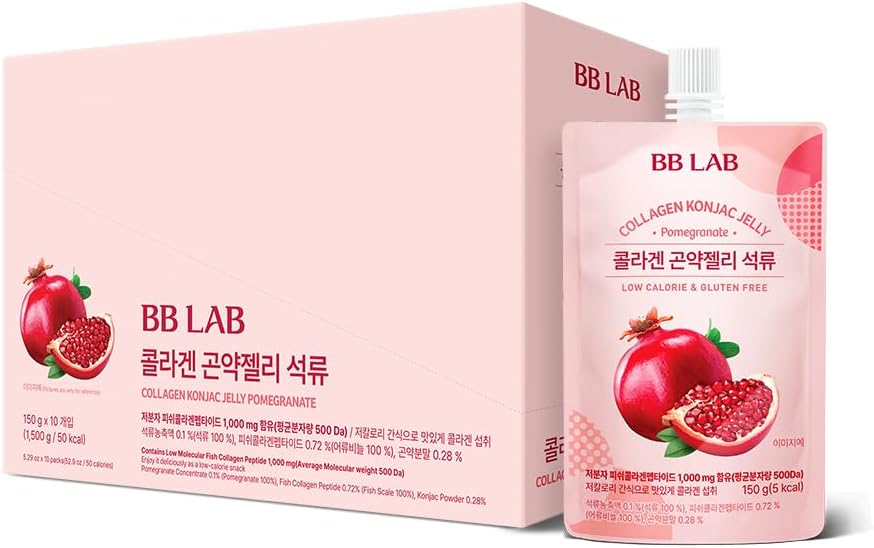 BB LAB Collagen Konjac Jelly, Pomegranate, (10 Packs/52.9 oz) - 5 Calories, Libre de Azúcar, Peptide de Collagen de pescado 1.000 mg, Bajo carbohidrato/Drinkable Zero Sugar Jelly Dessert, Fibra dietética, Gluten-Free