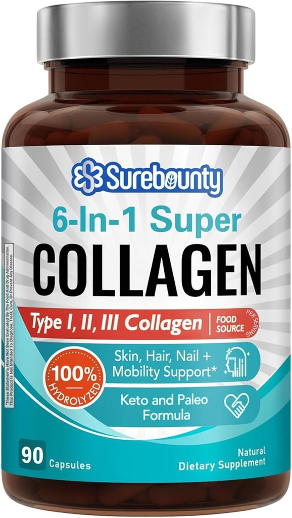 Complejo Multi Collagen, Tipo I, II, III, 6-en-1 Super Collagen con vitamina C, Ácido Hialurónico, Biotina, Turmérica, Pepper Negro, Keto, 90 cápsulas