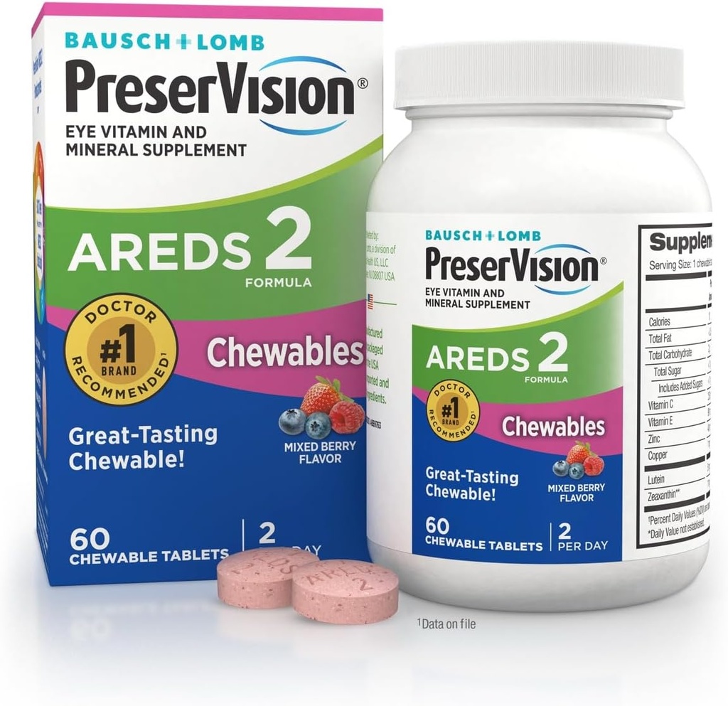 PreserVision AREDS 2 Vitaminas Oculares, #1 Doctor Ojo Marca recomendada, Luteína Chewable y suplemento de Zeaxantina con vitamina C, vitamina E, zinc y cobre, Berry mixto, 60 Tabletas