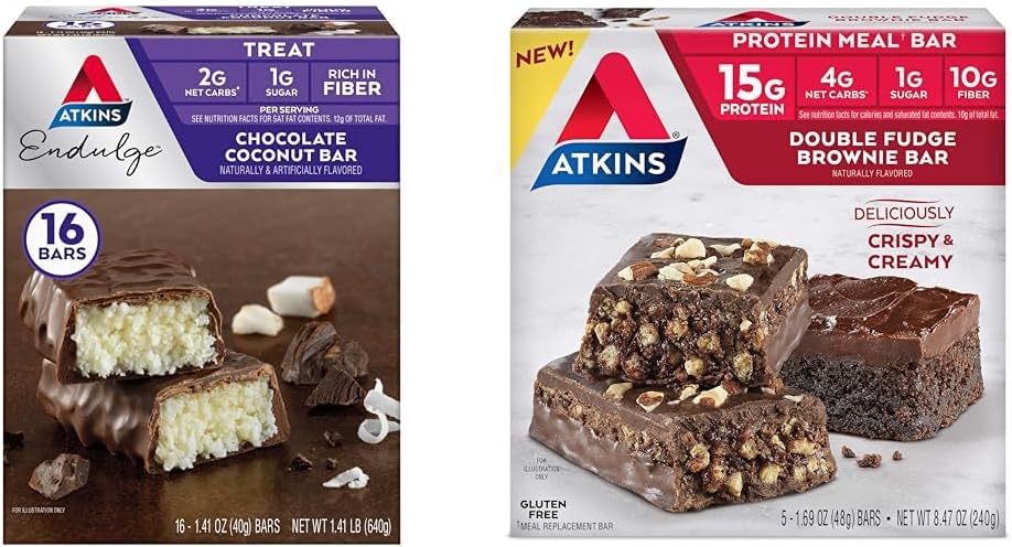 Atkins Chocolate Coconut Bar 16 Cuenta, Doble Fudge Brownie Protein Meal Bar 5 Cuenta Bundle