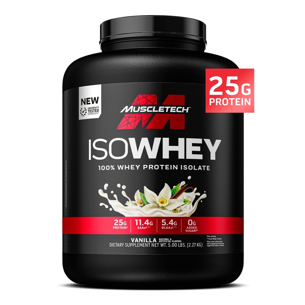 MuscleTech ISO Whey Isolate Protein Powder, Vainilla - Post Workout Gym Suplemento para la ganancia del músculo magro, Body Building Weight Gainer &amp; Recovery - 25g Protein, BCAA, EAA &amp; 0 Añadido Sugar - 5lbs