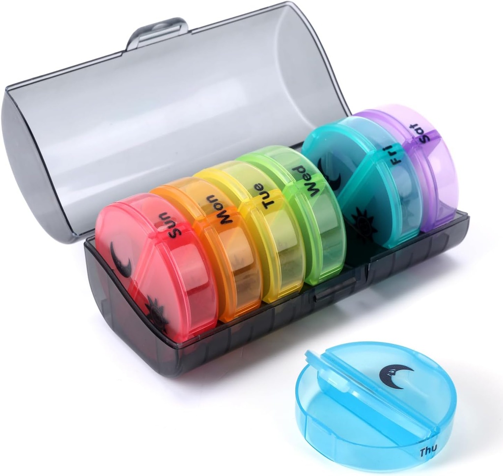 Organizador semanal de píldoras 2 veces al día, caja de píldoras de viaje 7 días, AM dos veces al día caja de píldoras, organizadores diarios portátiles de vitaminas para medicamentos, vitaminas, aceite de pescado, suplementos (Multi-Color)