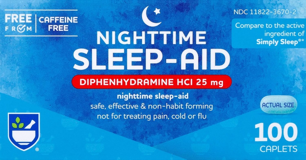Rite Aid Nighttime Sleep Aid Diphenhydramine HCI 25 mg, 100 Mini Caplets ← No-Habit Forming Sleep Supplement ← Best Sleep Aid for Insomnia ← Insomnia Relief and Anxiety Relief Items Natural Sleep Aid