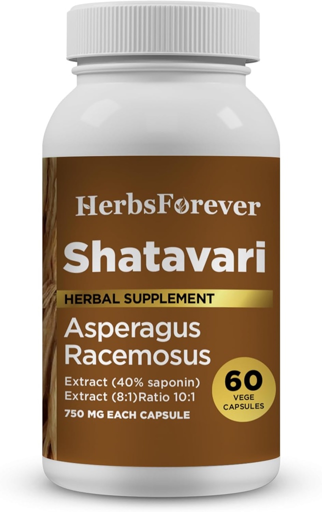 Herbsforever Shatavari Capsules Premium Asparagus Racemosus Suplemento 40% Saponins 750 mg High-Potency Formula - 60 Vegetarian Capsules Herbal Wellness & Balance Support Non-GMO