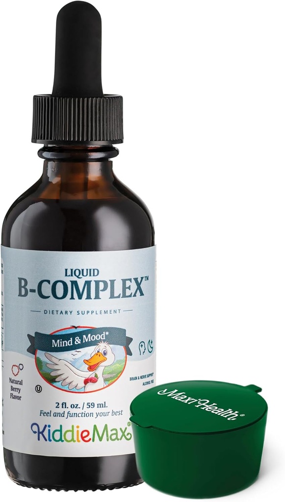 Maxi Health Raspberry Liquid Vitamin B Complex, Suplemento con Vitamina B12 - Sublingual B gotas para niños con B1 B2 B3 B5 B6 Biotin Folic Acid, For Energy & Brain Function - 2 fl. Oz, Green Pillbox