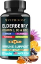 Elderberry Immune Support Supplement 8-in-1 Formula with Echinacea, Vitamina C & Zinc, Vitamina D 5000 UI, Turmeric, Ginger, Ashwagandha – 60 cápsulas