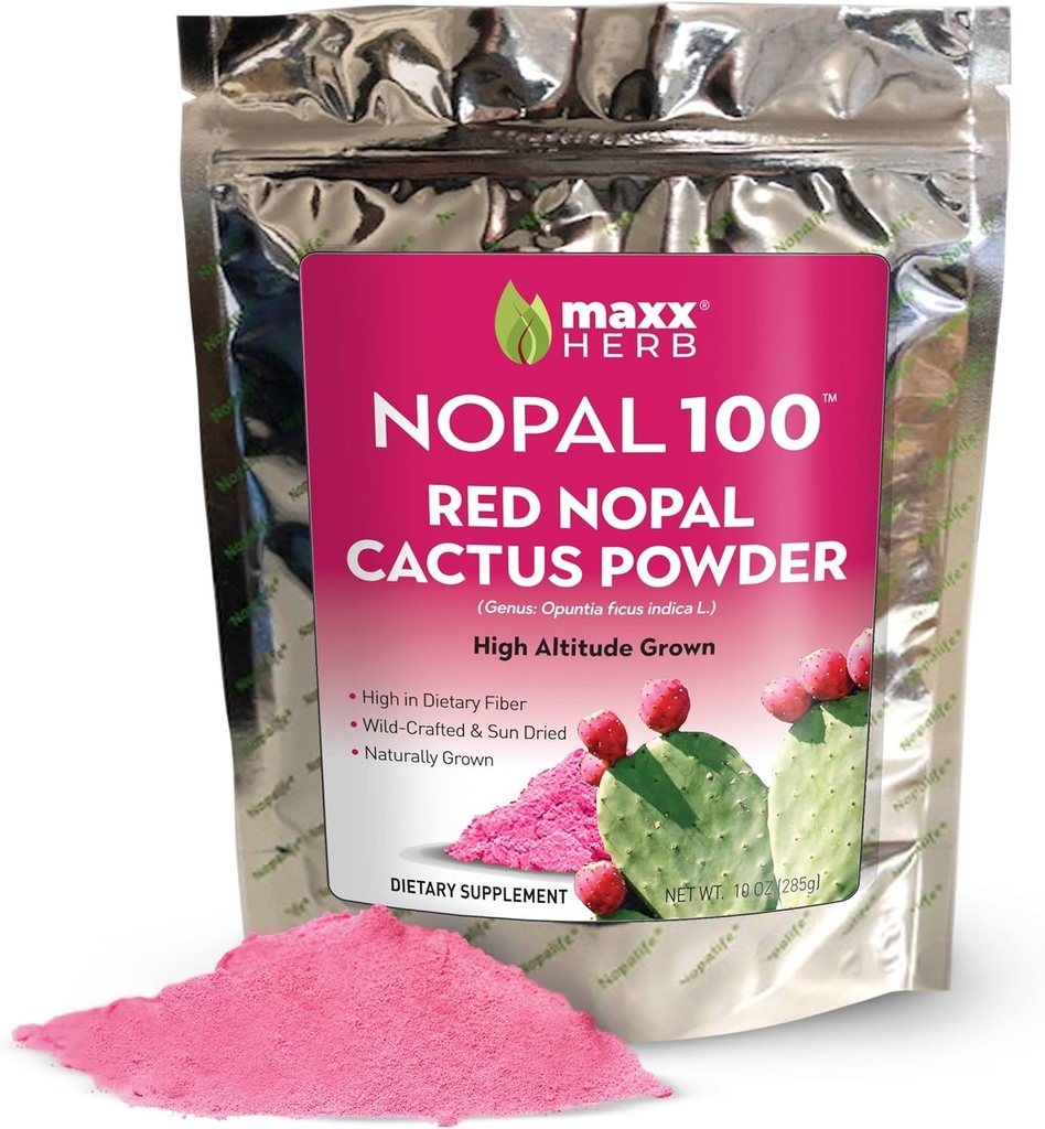 Maxx Herb Red Nopal Cactus Powder, Prickly Pear Powder - para la digestión &amp; Immune Support, High in Dietary Fiber, Vegan, Non-GMO y Gluten Gratis - 10 Oz Bag (28 Servings)